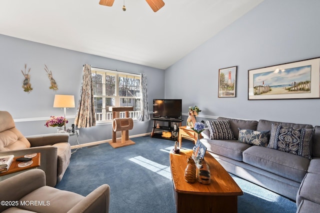 carpeted living room featuring ceiling fan and lofted ceiling