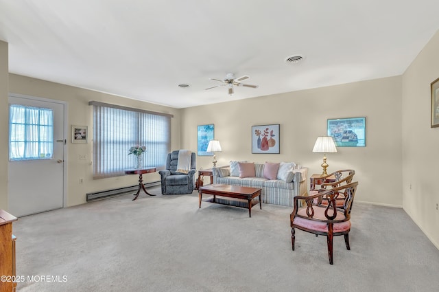 living room with ceiling fan, a baseboard radiator, and light carpet