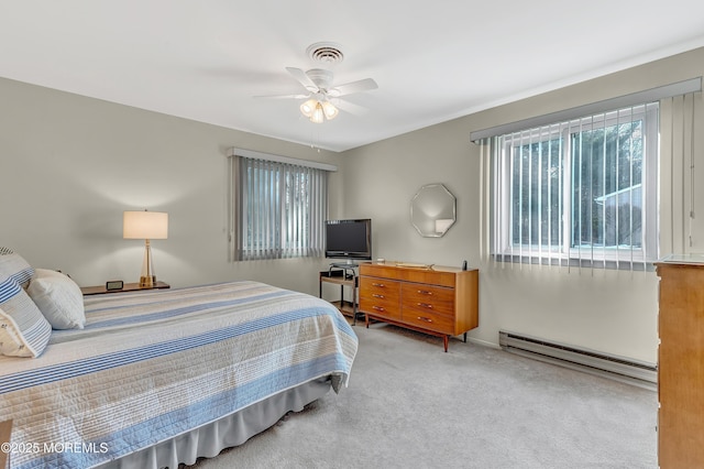 bedroom featuring carpet, a baseboard heating unit, and ceiling fan