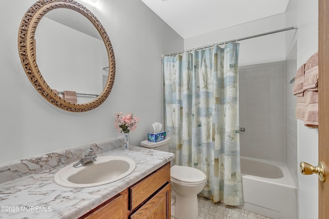 full bathroom featuring toilet, vanity, and shower / bathtub combination with curtain