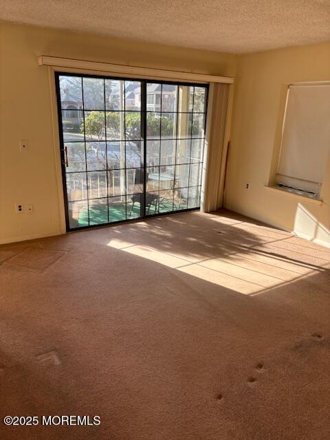 carpeted empty room featuring a textured ceiling