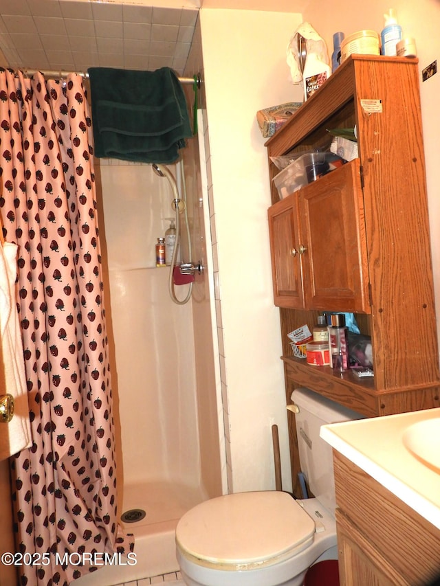 bathroom featuring vanity, a shower with curtain, and toilet