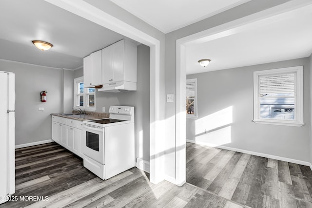 kitchen with hardwood / wood-style flooring, white appliances, sink, and white cabinets