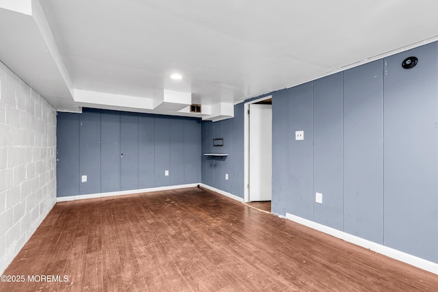 basement with wood-type flooring