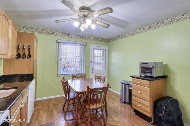 dining space with ceiling fan and wood-type flooring