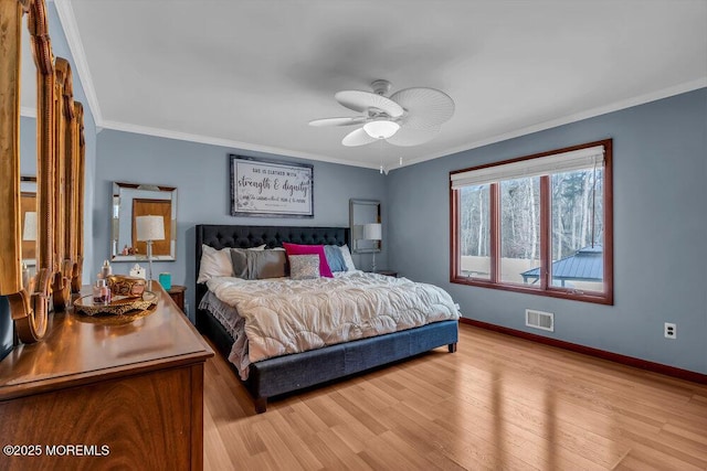 bedroom featuring ceiling fan, ornamental molding, and light hardwood / wood-style flooring