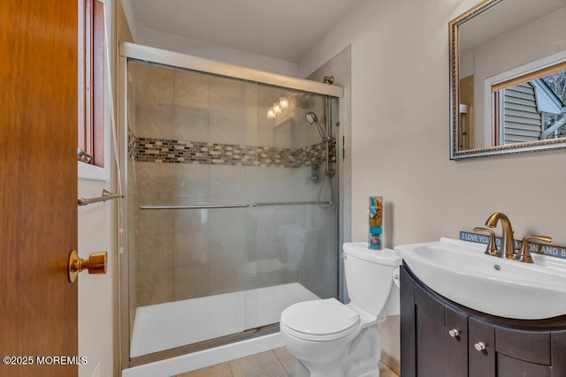 bathroom featuring tile patterned floors, vanity, toilet, and an enclosed shower