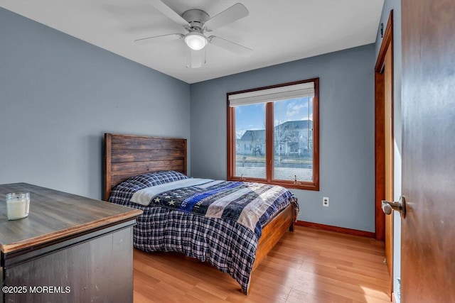 bedroom featuring ceiling fan and light hardwood / wood-style floors