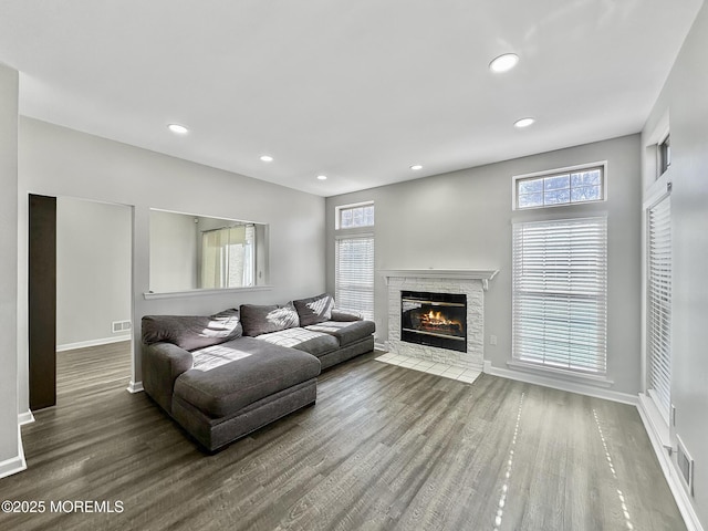 living room featuring hardwood / wood-style flooring and a stone fireplace