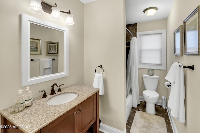 full bathroom featuring shower / tub combo, vanity, toilet, and tile patterned flooring