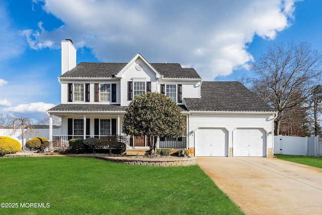 view of front of house featuring a garage, a front lawn, and a porch