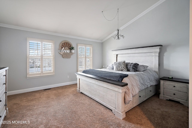 bedroom with lofted ceiling, crown molding, multiple windows, and carpet