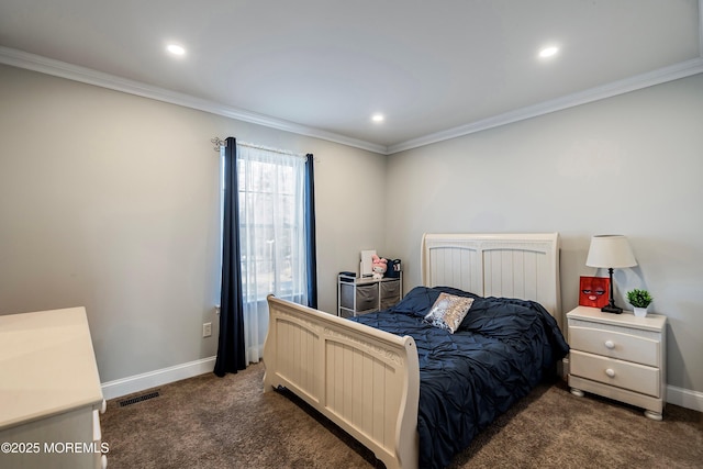 carpeted bedroom with crown molding