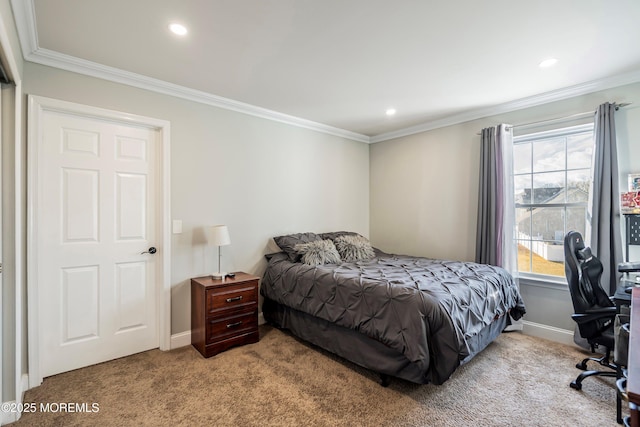 bedroom featuring crown molding and light colored carpet