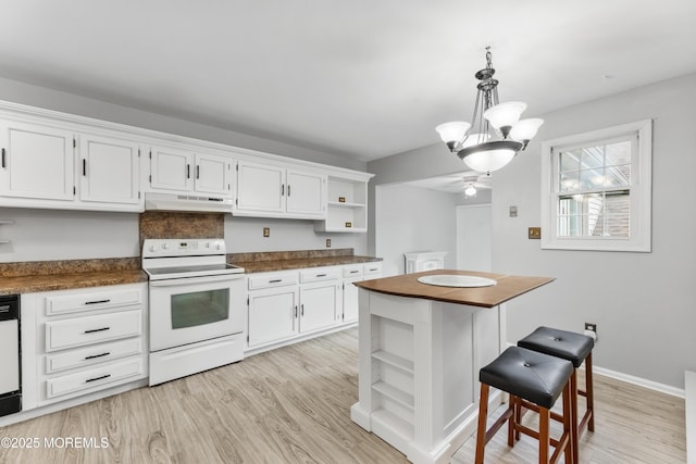 kitchen featuring white cabinetry, light hardwood / wood-style flooring, electric range, dishwashing machine, and pendant lighting