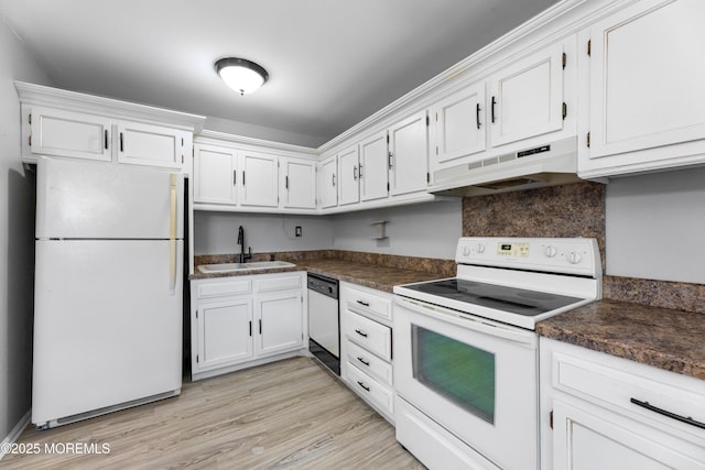 kitchen featuring tasteful backsplash, sink, light wood-type flooring, white cabinets, and white appliances