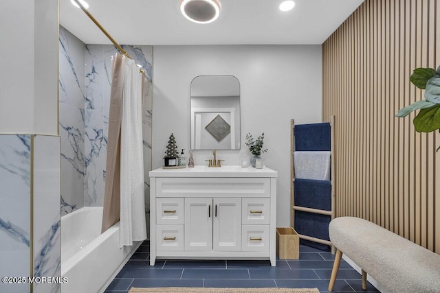 bathroom with vanity, tile patterned floors, and shower / bath combination with curtain