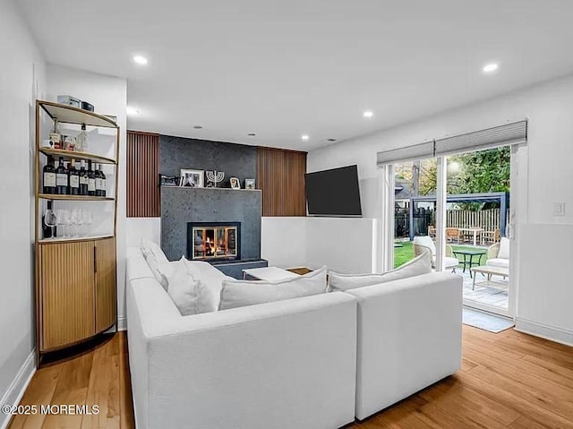 living room featuring a large fireplace and light hardwood / wood-style flooring