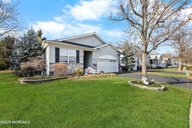 ranch-style house with a garage and a front yard