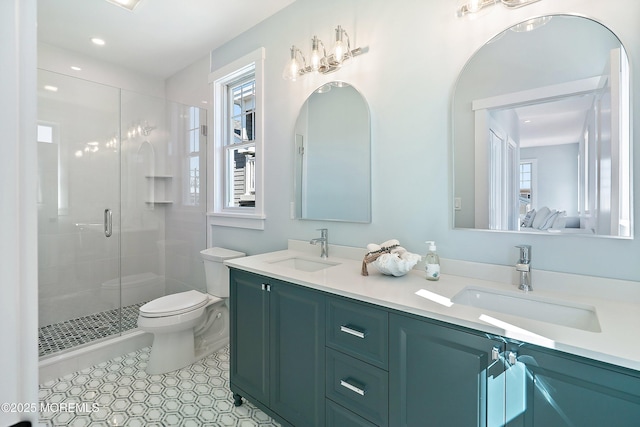 324 3rd St, Beach Haven, NJ 08008 - full bathroom featuring plenty of natural light, double vanity, toilet, a shower stall, and recessed lighting