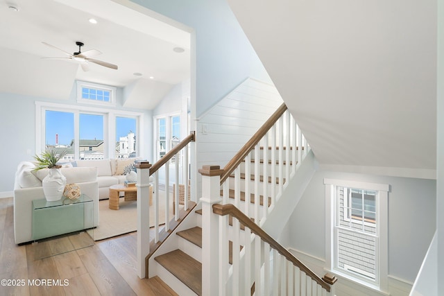 324 3rd St, Beach Haven, NJ 08008 - stairway featuring wood finished floors, ceiling fan, vaulted ceiling, and recessed lighting