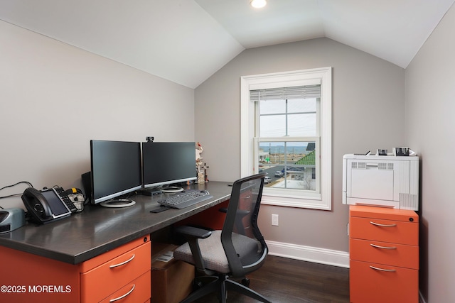 office area with lofted ceiling and dark wood-type flooring