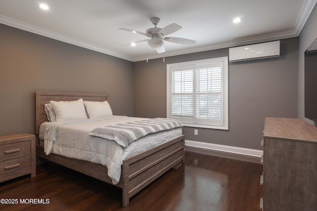 bedroom featuring ceiling fan, ornamental molding, dark hardwood / wood-style floors, and a wall mounted AC