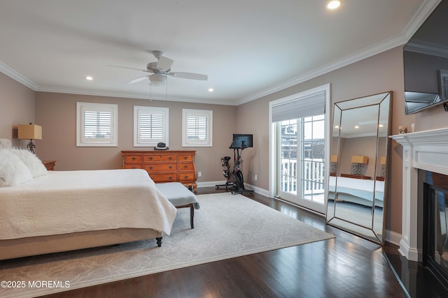 bedroom with hardwood / wood-style flooring, ornamental molding, access to exterior, and ceiling fan