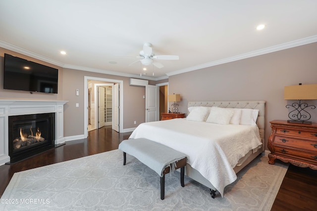 bedroom featuring crown molding, an AC wall unit, ceiling fan, and dark hardwood / wood-style flooring