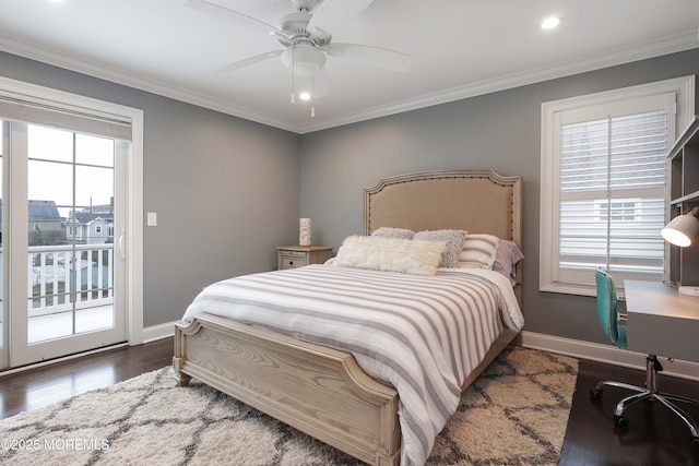 bedroom featuring crown molding, ceiling fan, dark wood-type flooring, and access to outside