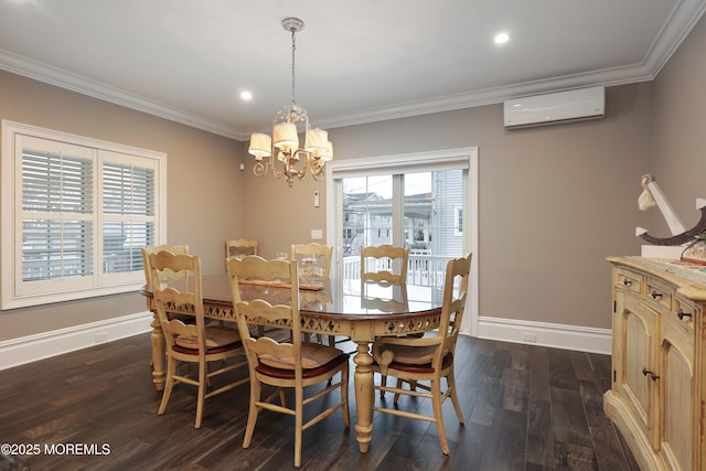 dining room with ornamental molding, a chandelier, a wall mounted air conditioner, and dark hardwood / wood-style flooring