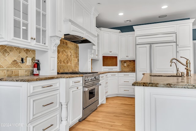 kitchen with sink, dark stone countertops, white cabinets, custom exhaust hood, and high end appliances