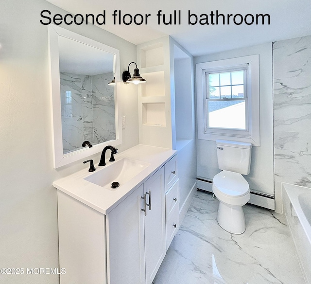 full bathroom with vanity, independent shower and bath, toilet, and baseboard heating