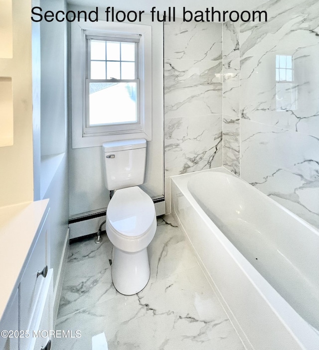 full bathroom featuring a baseboard radiator, shower / bathing tub combination, vanity, and toilet