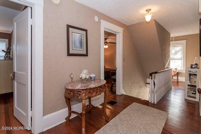 hallway featuring dark wood-type flooring and a textured ceiling