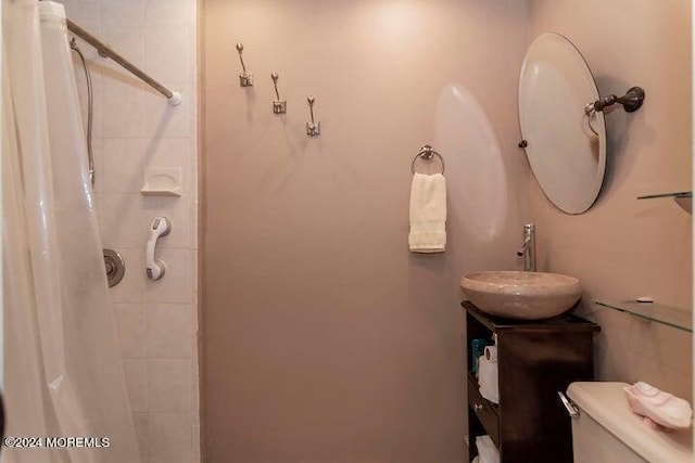 bathroom featuring vanity, toilet, and a shower with shower curtain