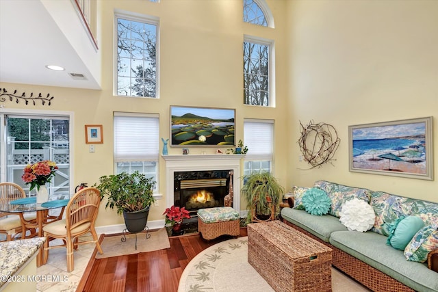 living room with a healthy amount of sunlight and a premium fireplace