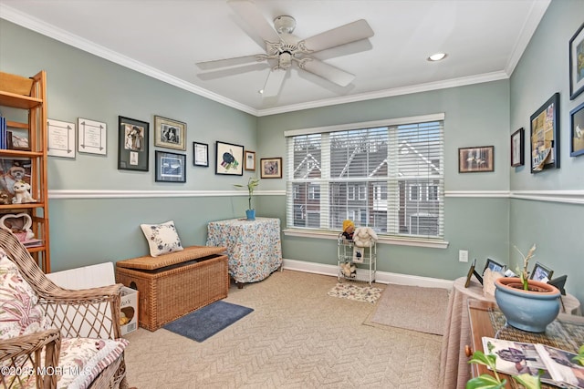 interior space featuring ceiling fan, ornamental molding, and carpet floors