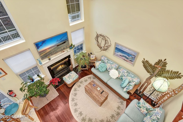 living room featuring hardwood / wood-style flooring and a towering ceiling