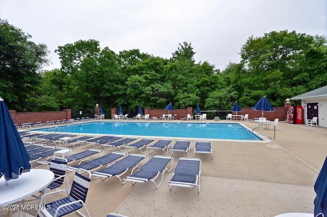 view of swimming pool featuring a patio area