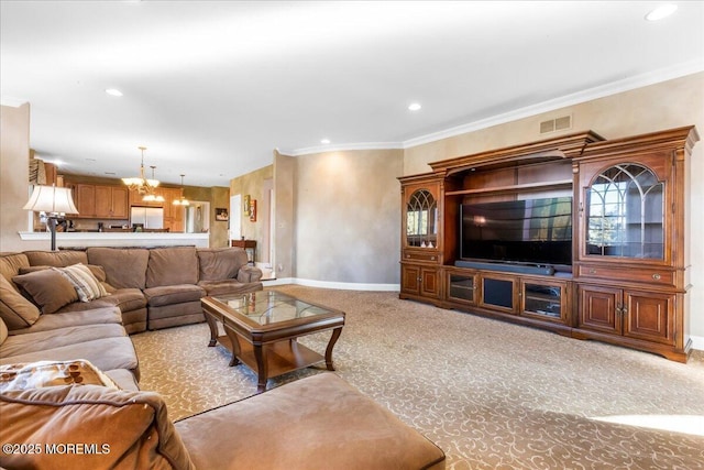 living room featuring crown molding, light colored carpet, and a notable chandelier