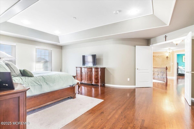 bedroom with a raised ceiling and hardwood / wood-style floors