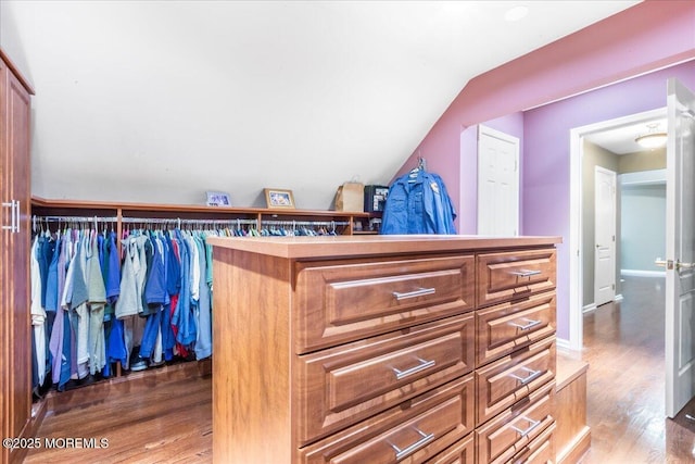 spacious closet featuring lofted ceiling and hardwood / wood-style flooring