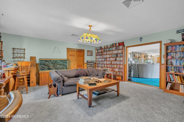 carpeted living room featuring a textured ceiling