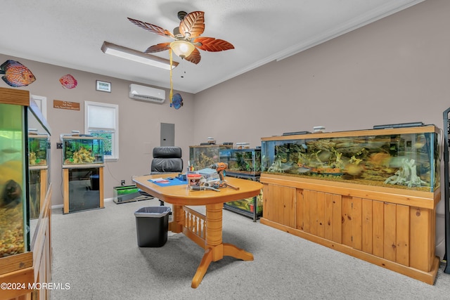 game room with an AC wall unit, ornamental molding, electric panel, ceiling fan, and light carpet