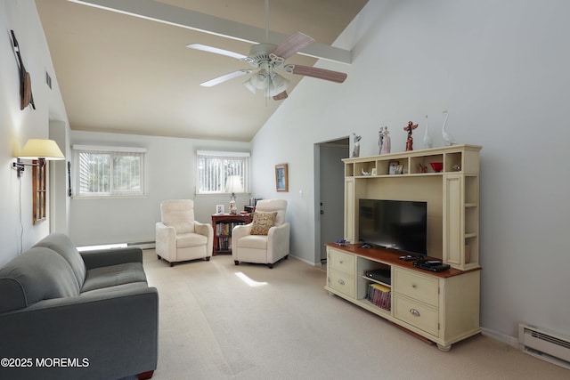 living room featuring ceiling fan, high vaulted ceiling, light carpet, and a baseboard heating unit