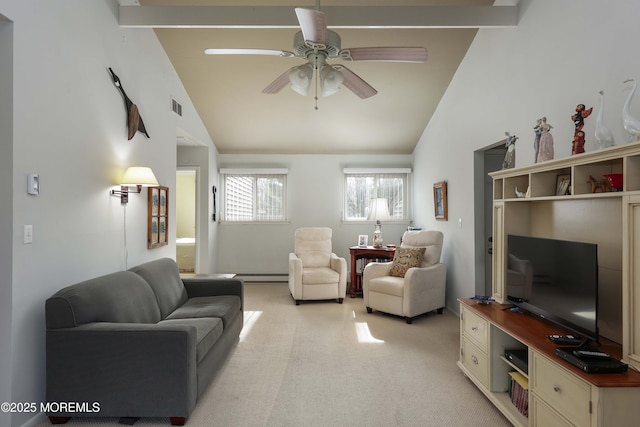 living room featuring ceiling fan, beam ceiling, high vaulted ceiling, light carpet, and a baseboard radiator