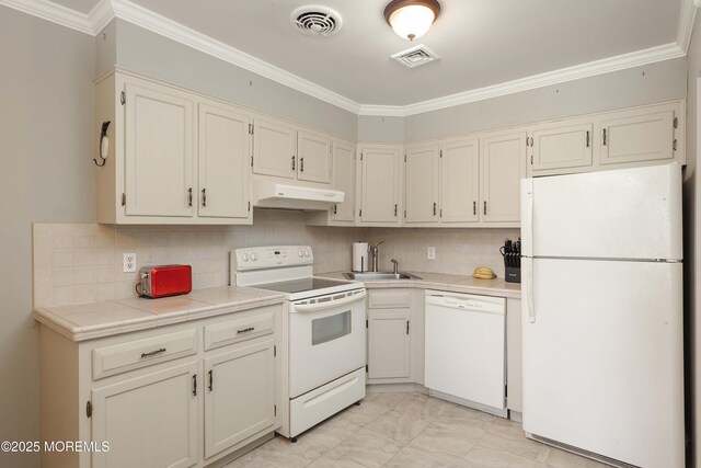 kitchen with tasteful backsplash, ornamental molding, sink, and white appliances