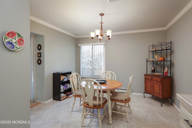 dining room featuring ornamental molding and a notable chandelier