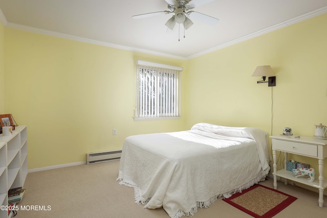 carpeted bedroom with a baseboard radiator, ceiling fan, and crown molding